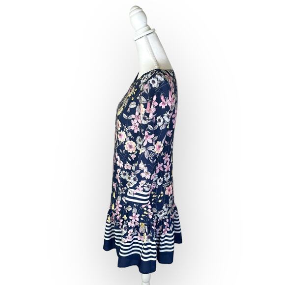 Eliza J Floral Striped Drop Waist Dress Size 6 Blue Pink Printed 3/4 Sleeve - Picture 10 of 12